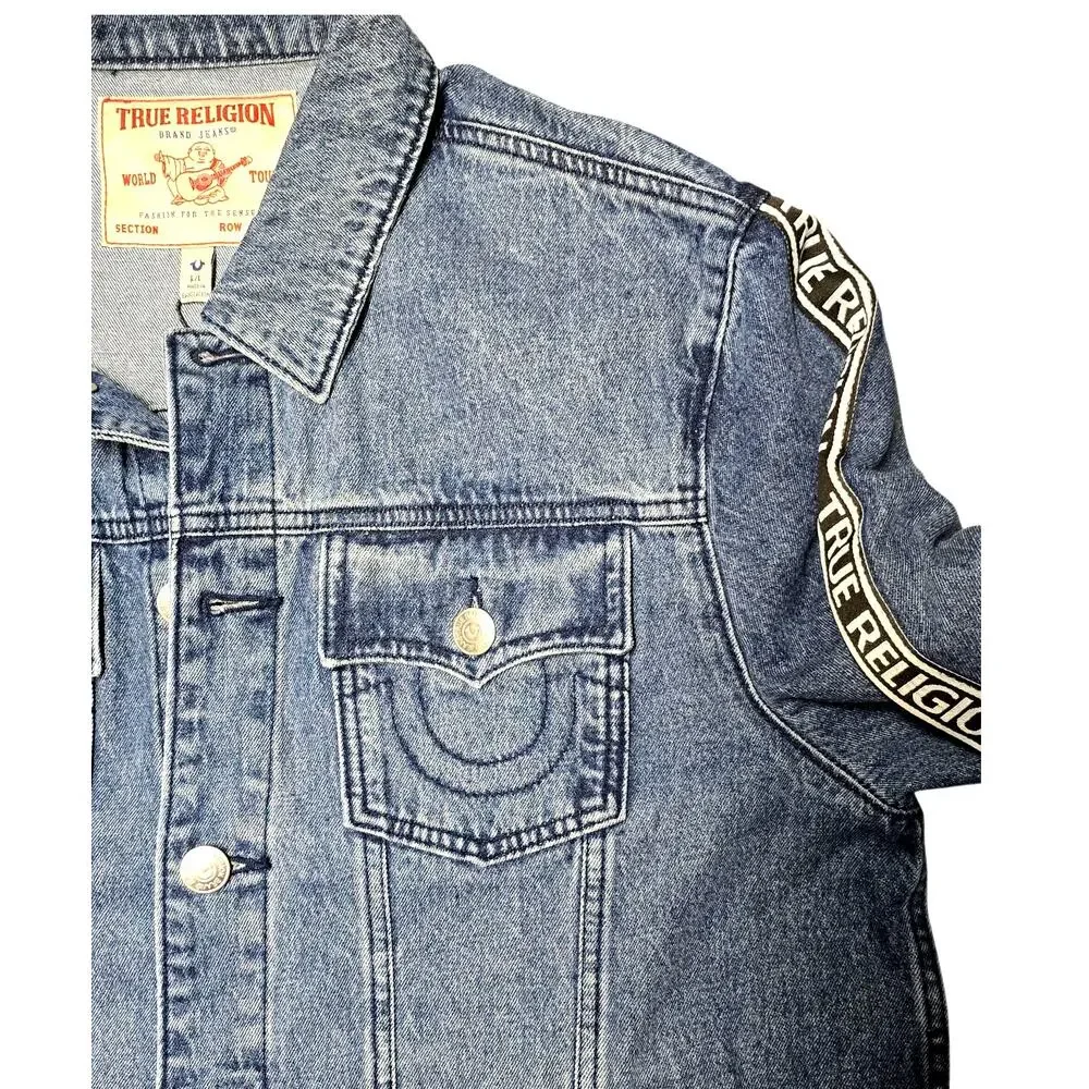 True Religion Men’s Denim Trucker Jacket Logo Taping Blue Jean Coat Large New